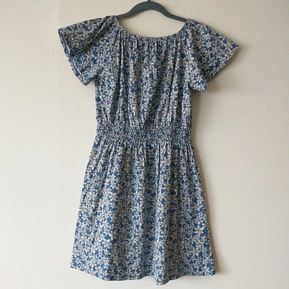 Gap Dress Girls XXL Blue Floral Elastic Waist Round Neck Short Sleeve Cotton